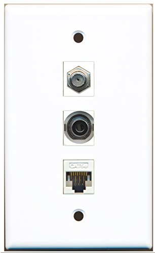 RiteAV - 1 Port Coax Cable TV- F-Type and 1 Port 3.5mm and 1 Port Cat5e Ethernet White Wall Plate