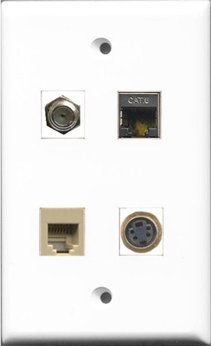 RiteAV 1 Port Coax Cable TV- F-Type and 1 Port Phone RJ11 RJ12 Beige and 1 Port S-Video and 1 Port Shielded Cat6 Ethernet Wall Plate