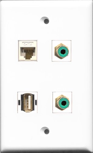 RiteAV - 2 Port RCA Green and 1 Port USB A-A and 1 Port Cat6 Ethernet White Wall Plate