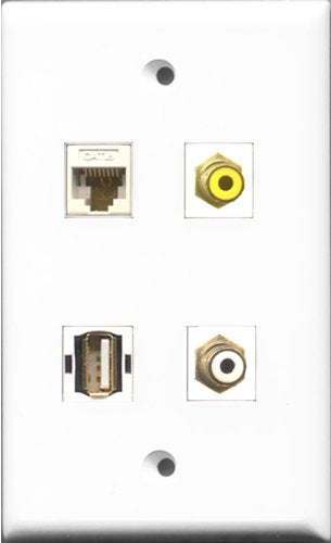 RiteAV 1 Port RCA White and 1 Port RCA Yellow and 1 Port USB A-A and 1 Port Cat6 Ethernet White Wall Plate