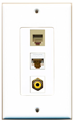 RiteAV - 1 Port RCA Yellow and 1 Port Phone RJ11 RJ12 Beige and 1 Port Cat6 Ethernet White Decorative Wall Plate Decorative
