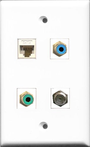 RiteAV 1 Port RCA Green and 1 Port RCA Blue and 1 Port Coax Cable TV- F-Type and 1 Port Cat6 Ethernet White Wall Plate