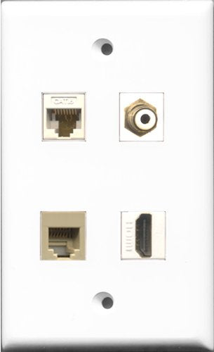 RiteAV 1 Port HDMI and 1 Port RCA White and 1 Port Phone RJ11 RJ12 Beige and 1 Port Cat6 Ethernet White Wall Plate