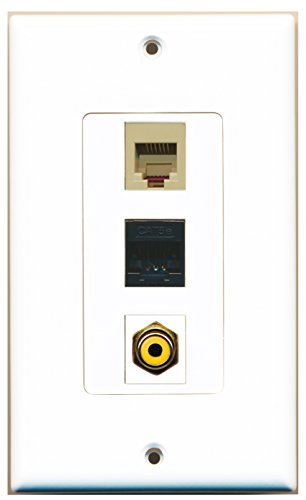 RiteAV - 1 Port RCA Yellow and 1 Port Phone RJ11 RJ12 Beige and 1 Port Cat5e Ethernet Black Wall Plate Decorative