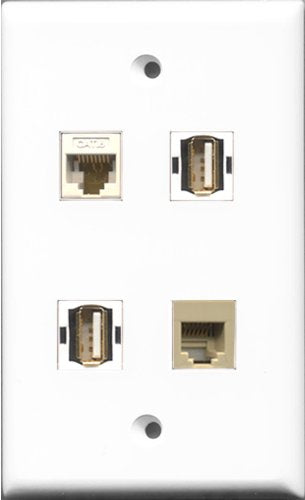 RiteAV - 2 Port USB A-A and 1 Port Phone RJ11 RJ12 Beige and 1 Port Cat6 Ethernet White Wall Plate