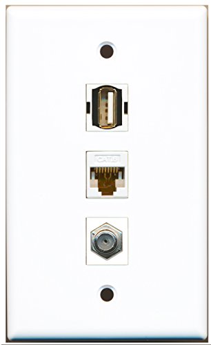 RiteAV - 1 Port Coax Cable TV- F-Type and 1 Port USB A-A and 1 Port Cat6 Ethernet White Wall Plate