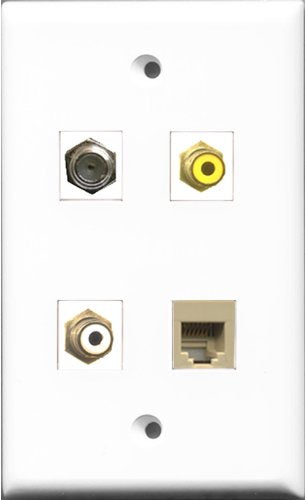 RiteAV 1 Port RCA White and 1 Port RCA Yellow and 1 Port Coax Cable TV- F-Type and 1 Port Phone RJ11 RJ12 Beige Wall Plate