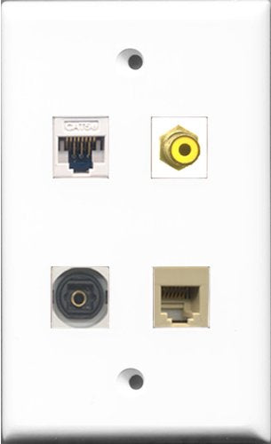 RiteAV 1 Port RCA Yellow and 1 Port Phone RJ11 RJ12 Beige and 1 Port Toslink and 1 Port Cat5e Ethernet White Wall Plate