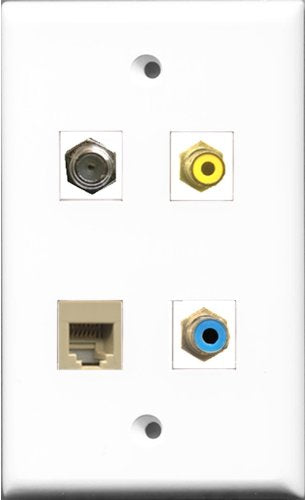 RiteAV 1 Port RCA Yellow and 1 Port RCA Blue and 1 Port Coax Cable TV- F-Type and 1 Port Phone RJ11 RJ12 Beige Wall Plate