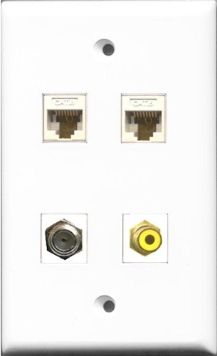 RiteAV 1 Port RCA Yellow and 1 Port Coax Cable TV- F-Type 2 Port Cat6 Ethernet White Wall Plate