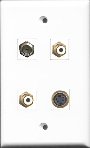 RiteAV - 2 Port RCA White and 1 Port Coax Cable TV- F-Type and 1 Port S-Video Wall Plate