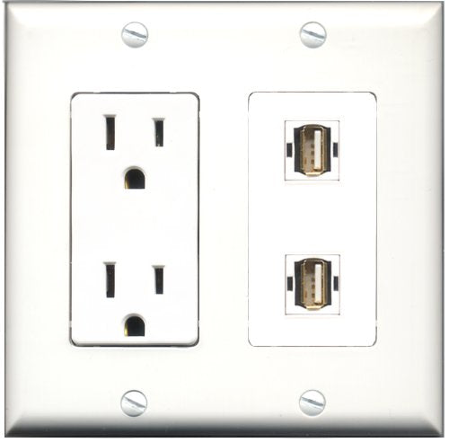 RiteAV - 15 Amp Power Outlet 2 Port USB A-A Decorative Type Wall Plate White