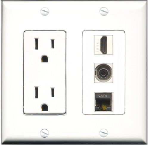 RiteAV - 15 Amp Power Outlet 1 Port HDMI 1 Port Shielded Cat6 Ethernet Ethernet 1 Port 3.5mm Decorative Wall Plate