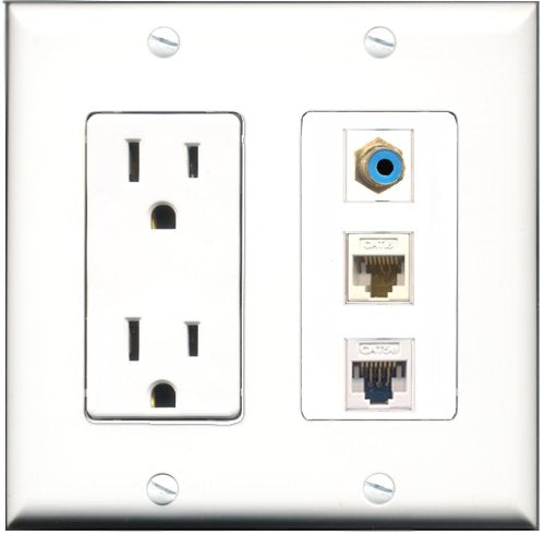 RiteAV - 15 Amp Power Outlet 1 Port RCA Blue 1 Port Cat5e Ethernet White 1 Port Cat6 Ethernet Ethernet White Decorative Wall Plate