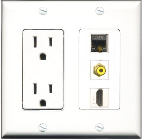 RiteAV - 15 Amp Power Outlet 1 Port HDMI 1 Port RCA Yellow 1 Port Shielded Cat6 Ethernet Ethernet Decorative Wall Plate