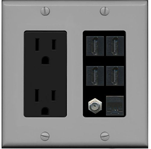 RiteAV 15A Power Outlet, 4 HDMI, 1 Cat5e Ethernet, 1 Coax Cable TV Wall Plate - Gray/Black
