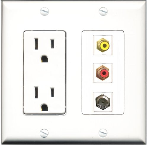 RiteAV - 15 Amp Power Outlet 1 Port RCA Red 1 Port RCA Yellow 1 Port Coax Decorative Wall Plate