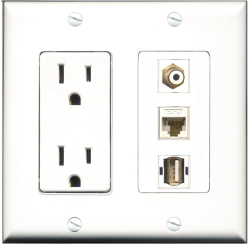 RiteAV - 15 Amp Power Outlet 1 Port RCA White 1 Port USB A-A 1 Port Cat6 Ethernet Ethernet White Decorative Wall Plate