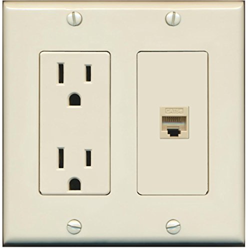 RiteAV - 15 Amp Power Outlet and 1 Port Cat5e Ethernet Decorative Type Wall Plate - Light Almond