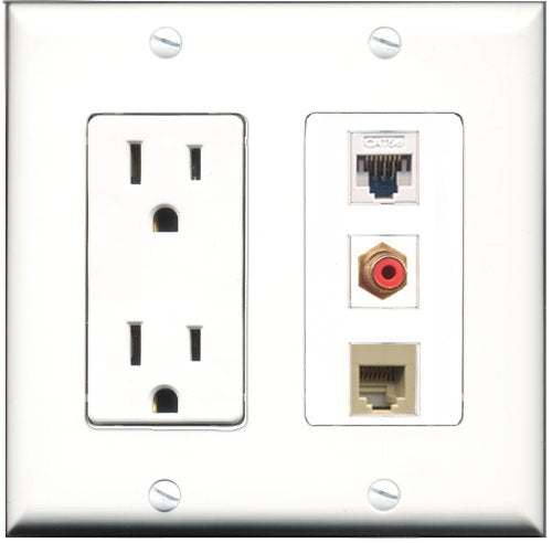 RiteAV - 15 Amp Power Outlet 1 Port RCA Red 1 Port Phone Beige 1 Port Cat5e Ethernet White Decorative Wall Plate