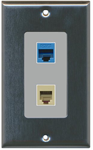 RiteAV - 1 Port Phone Beige 1 Port Cat6 Ethernet Blue Decorative Wall Plate - Stainless/Gray