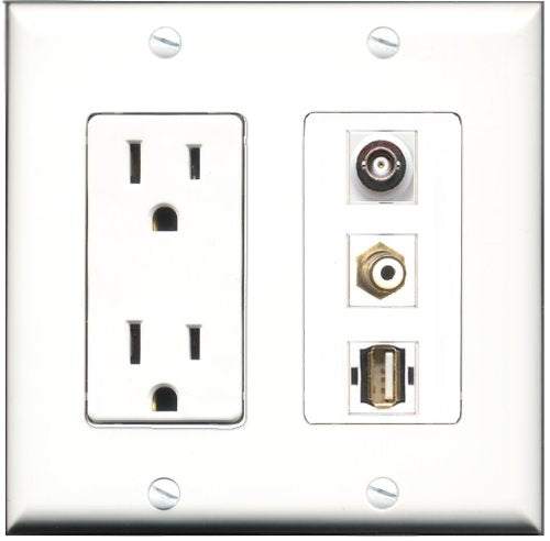 RiteAV - 15 Amp Power Outlet 1 Port RCA White 1 Port USB A-A 1 Port BNC Decorative Wall Plate