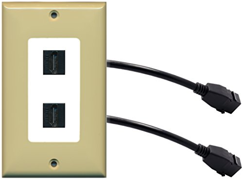 RiteAV (1 Gang Decorative) 2 HDMI Black Wall Plate w/ Pigtail Extension Cable Ivory on White