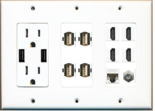 RiteAV - (3 Gang) Outlet With 2X USB Charger 4 HDMI Coax Cat5e 4 USB A-A Wall Plate White