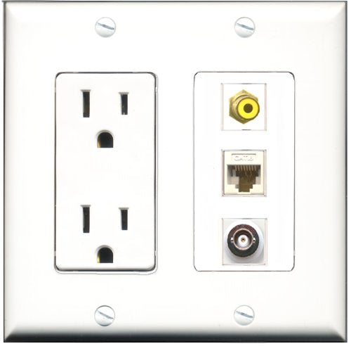RiteAV - 15 Amp Power Outlet 1 Port RCA Yellow 1 Port BNC 1 Port Cat6 Ethernet Ethernet White Decorative Wall Plate