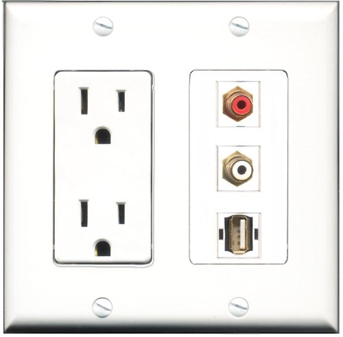 RiteAV - 15 Amp Power Outlet 1 Port RCA Red 1 Port RCA White 1 Port USB A-A Decorative Wall Plate