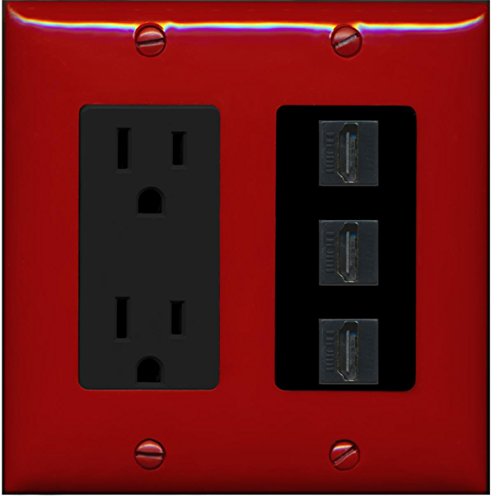 RiteAV - 15 Amp Power Outlet 3 Port HDMI Decorative Wall Plate - Red/Black