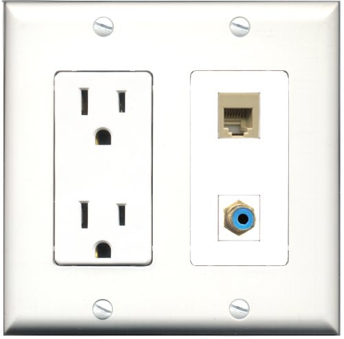 RiteAV - 15 Amp Power Outlet and 1 Port RCA Blue and 1 Port Phone RJ11 RJ12 Beige Decorative Type Wall Plate White