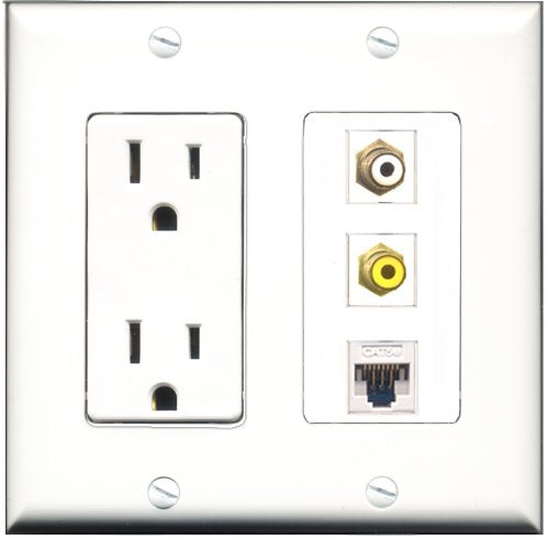 RiteAV - 15 Amp Power Outlet 1 Port RCA White 1 Port RCA Yellow 1 Port Cat5e Ethernet White Decorative Wall Plate