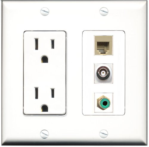 RiteAV - 15 Amp Power Outlet 1 Port RCA Green 1 Port Phone Beige 1 Port BNC Decorative Wall Plate
