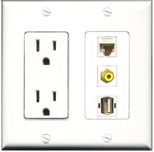 RiteAV - 15 Amp Power Outlet 1 Port RCA Yellow 1 Port USB A-A 1 Port Cat6 Ethernet Ethernet White Decorative Wall Plate