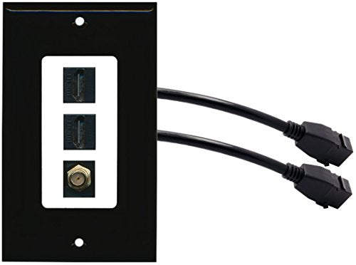 RiteAV (1 Gang Decorative) 2 HDMI Black Coax Wall Plate w/ Pigtail Extension Cable Black on White