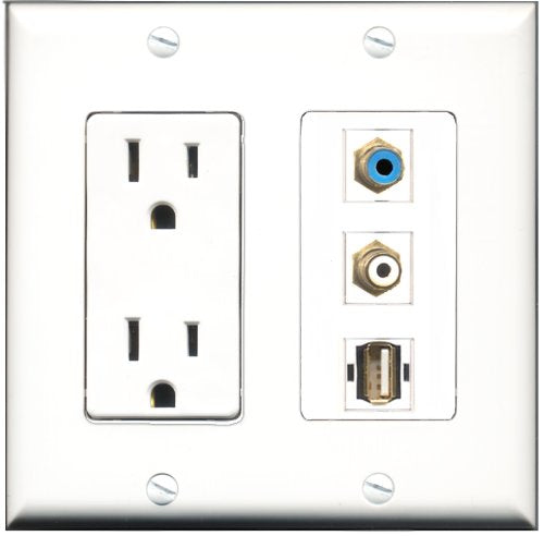 RiteAV - 15 Amp Power Outlet 1 Port RCA White 1 Port RCA Blue 1 Port USB A-A Decorative Wall Plate