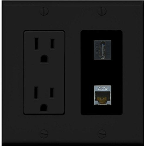 RiteAV - 15 Amp Power Outlet and 1 Port HDMI and 1 Port Shielded Cat6 Ethernet Decorative Type Wall Plate - Black