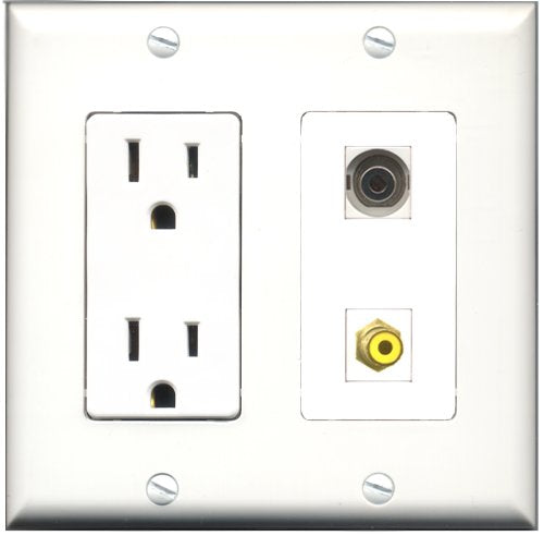 RiteAV - 15 Amp Power Outlet and 1 Port RCA Yellow and 1 Port 3.5mm Decorative Type Wall Plate White