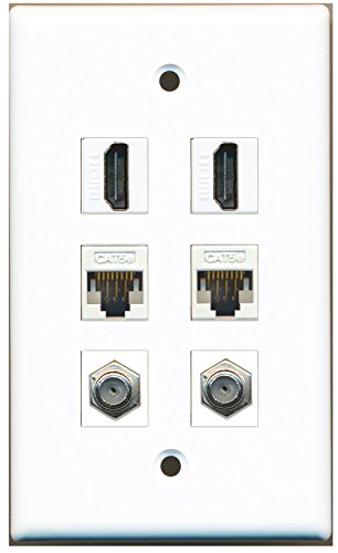 RiteAV - 2 HDMI 2 Port Coax Cable TV- F-Type 2 Port Cat5e Ethernet Wall Plate - White