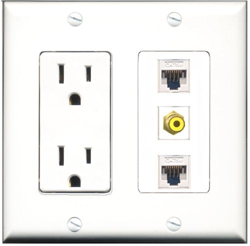 RiteAV - 15 Amp Power Outlet 1 Port RCA Yellow 2 Port Cat5e Ethernet White Decorative Wall Plate