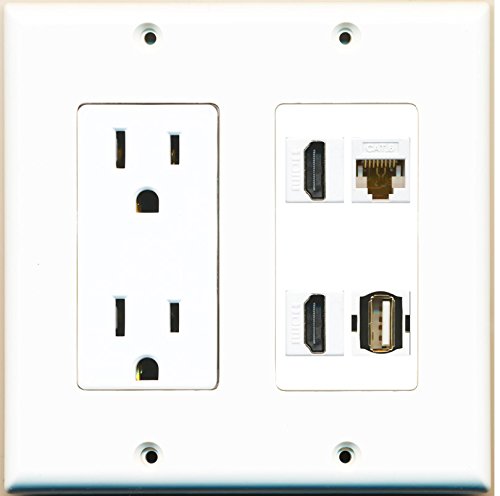 RiteAV (2 Gang Decorative) 15A Power Outlet 2 HDMI Cat6 White USB Wall Plate