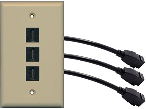 RiteAV (1 Gang Flat) 3 HDMI Black Wall Plate w/ Pigtail Extension Cable Ivory