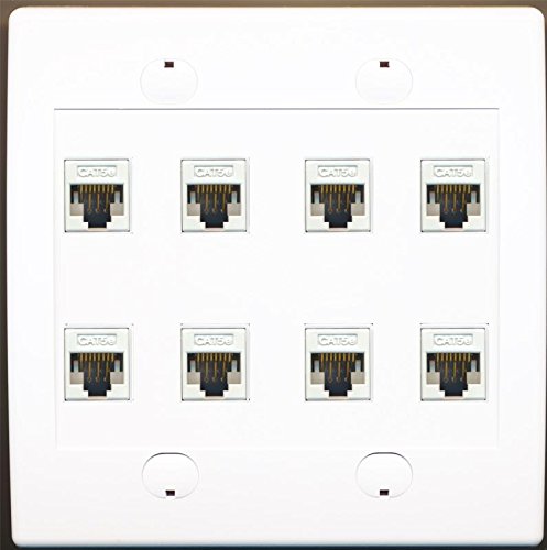 RiteAV 8 Port Flat Dual 2 Gang Ethernet Cat5e RJ45 Network Wall Plate - White