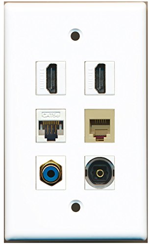 RiteAV - 2 HDMI 1 Port RCA Blue 1 Port Phone RJ11 RJ12 Beige 1 Port Toslink 1 Port Cat5e Ethernet White Wall Plate