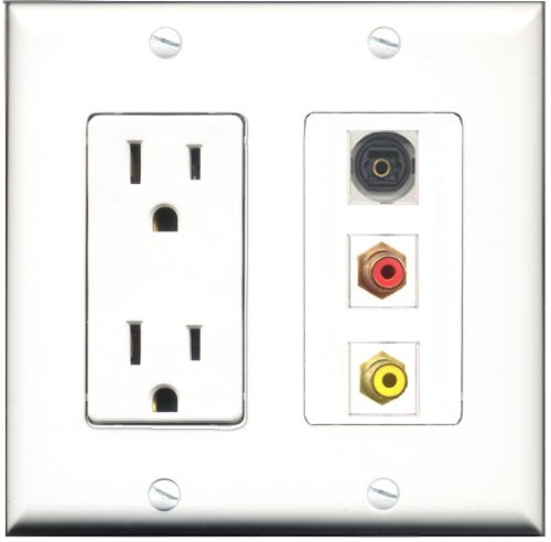 RiteAV - 15 Amp Power Outlet 1 Port RCA Red 1 Port RCA Yellow 1 Port Toslink Decorative Wall Plate