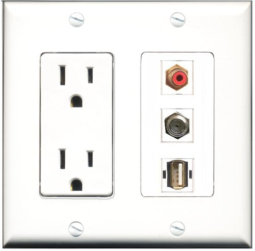 RiteAV - 15 Amp Power Outlet 1 Port RCA Red 1 Port Coax 1 Port USB A-A Decorative Wall Plate