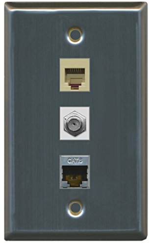 RiteAV - 1 Port Coax Cable TV- F-Type Phone RJ11 RJ12 and Shielded Cat6 Ethernet Wall Plate - Stainless Steel