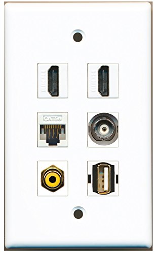 RiteAV - 2 HDMI 1 Port RCA Yellow 1 Port USB A-A 1 Port BNC 1 Port Cat5e Ethernet White Wall Plate