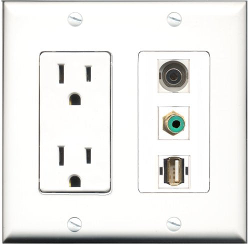 RiteAV - 15 Amp Power Outlet 1 Port RCA Green 1 Port USB A-A 1 Port 3.5mm Decorative Wall Plate